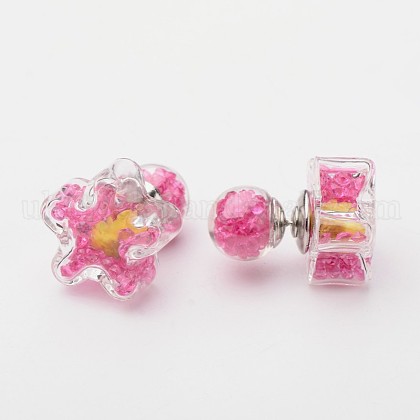 Flower Double Sided Glass Ball Stud Earrings UK-EJEW-F035-04C-K-1