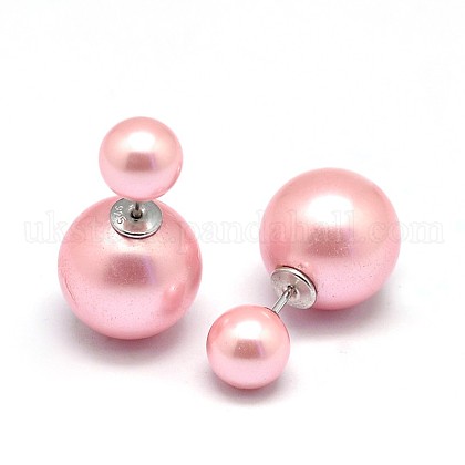 Double Sided Shell Pearl Ball Ear Studs UK-STER-E039-25A-K-1