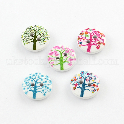 2-Hole Tree Pattern Printed Wooden Buttons UK-X-BUTT-R033-013-1