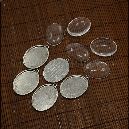 40x30mm Clear Oval Glass Cabochon Cover and Antique Silver Alloy Blank Pendant Cabochon Settings for DIY Portrait Pendant Making UK-DIY-X0154-AS-LF-1