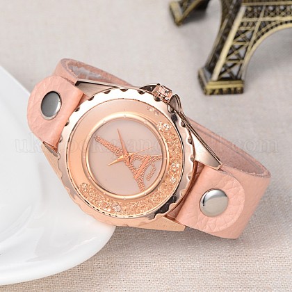 Women's Leather Rose Gold Tone Alloy Eiffel Pattern Wrist Watches UK-WACH-O005-02A-K-1