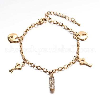 Skeleton Key & Lock Brass Rhinestone Charm Bracelets UK-BJEW-F174-74-K-1