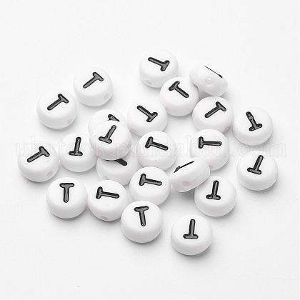 Flat Round with Letter T Acrylic Beads UK-X-PL37C9070-T-1