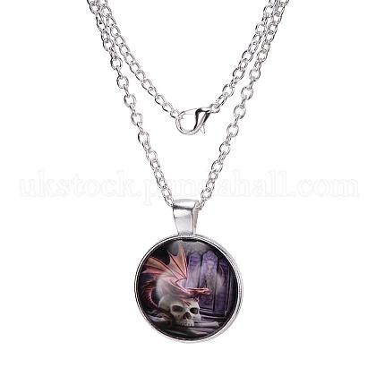 Dinosaur & Skull Pattern Flat Round Glass Pendant Necklaces UK-X-NJEW-N0051-009F-02-1