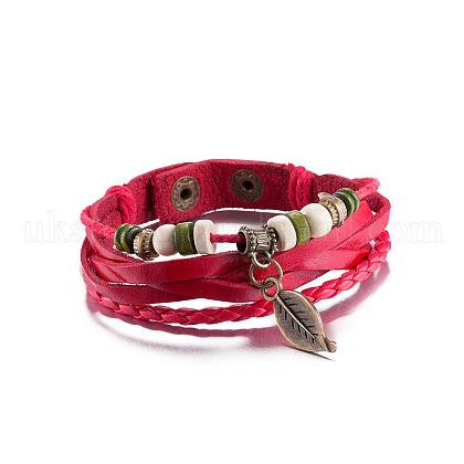 Casual Unisex Zinc Alloy Leaf and Leather Multi-strand Bracelets UK-BJEW-BB15595-A-1