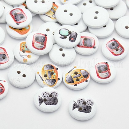 Flat Round with Electrical Appliance Dyed 2-Hole Printed Wooden Buttons UK-BUTT-P010-34B-1