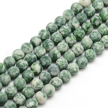 Frosted Natural Green Spot Jasper Round Bead Strands UK-G-M064-6mm-10-1